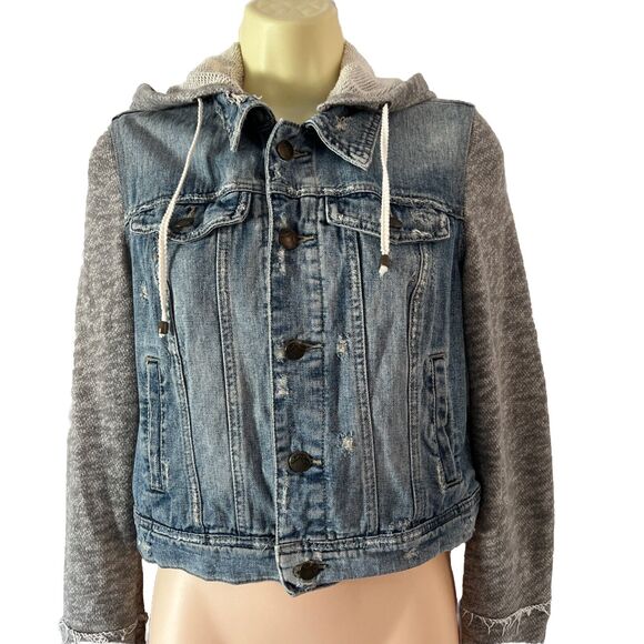 Free People Denim Distressed Hooded Jean /Knit Jacket Women's Size XS - Picture 1 of 9